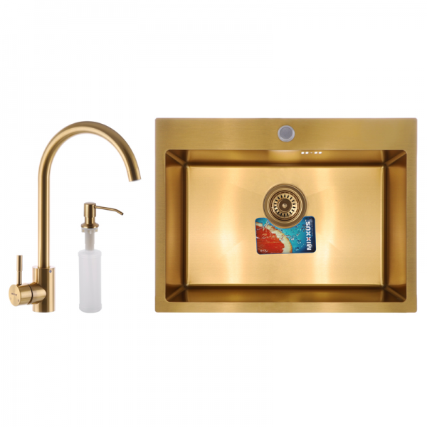 Набор Mixxus SET-6045-200x1.0-PVD Gold (мойка+смеситель+диспенсер)